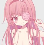  1girl :3 bangs blush breasts closed_mouth eyebrows_visible_through_hair facial_mark grey_background hair_censor hair_over_breasts hairband hand_up head_tilt holding nude one_eye_covered original purple_eyes red_hairband satori_(ymoy) simple_background small_breasts solo symbol-shaped_pupils upper_body 
