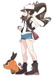  1girl bag baseball_cap black_footwear blue_eyes blue_shorts boots brown_hair closed_mouth full_body gen_5_pokemon hat holding holding_poke_ball ixy long_hair poke_ball pokemon pokemon_(creature) pokemon_(game) pokemon_bw ponytail profile short_shorts shorts simple_background sleeveless smile socks solo standing tepig touko_(pokemon) white_background white_headwear 