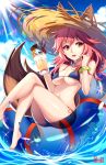  1girl :d animal_ear_fluff animal_ears artist_name bangs bare_arms bare_legs bare_shoulders barefoot bikini blue_bikini blue_sky breasts cloud commentary crossed_legs cup day drinking_glass ears_through_headwear elver-lee fate/grand_order fate_(series) feet_out_of_frame food fox_ears fox_tail fruit hair_between_eyes hands_up hat highres holding holding_cup ice_cream_cone innertube jewelry light_rays long_hair looking_at_viewer medium_breasts navel necklace open_mouth orange_eyes outdoors pink_hair pocky side-tie_bikini sitting sky smile solo sparkle stomach straw_hat strawberry sun_hat swimsuit tail tamamo_(fate)_(all) tamamo_no_mae_(swimsuit_lancer)_(fate) thighs waffle_cone water water_drop 