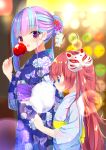 2girls :d ahoge animal_print bang_dream! bangs blue_eyes blue_hair blue_kimono blurry blush bokeh butterfly_print candy_apple chu2_(bang_dream!) commentary_request cotton_candy depth_of_field eating floral_print food fox_mask from_side hair_bun hair_ornament highres holding holding_food japanese_clothes kanzashi kimono koh_(user_kpcu7748) long_hair looking_at_viewer mask multicolored_hair multiple_girls obi open_mouth pareo_(bang_dream!) pink_hair red_eyes red_hair sash sidelocks smile summer_festival two-tone_hair wide_sleeves 