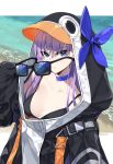  &gt;:( 1girl animal_costume bangs bare_shoulders beach bikini bikini_under_clothes black_bikini blue-tinted_eyewear blue_choker blue_eyes blush breasts choker cleavage closed_mouth collarbone commentary_request day eyebrows_visible_through_hair eyewear_removed fate/grand_order fate_(series) hair_between_eyes holding holding_eyewear long_hair long_sleeves medium_breasts meltryllis_(swimsuit_lancer)_(fate) ocean outdoors outside_border penguin_costume purple_hair sleeves_past_fingers sleeves_past_wrists solo sunglasses swimsuit upper_body v-shaped_eyebrows water yahako 