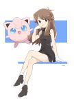  1girl artist_name bangs black_dress black_footwear blue_(pokemon) blue_eyes blush breasts brown_eyes brown_hair closed_mouth crossed_legs dress full_body gen_1_pokemon gloves hand_up happy high_heels highres jigglypuff light_blush long_hair looking_at_viewer mei_(maysroom) poke_ball poke_ball_(generic) pokemon pokemon_(creature) shiny shiny_hair shoes side_slit signature sitting sleeveless sleeveless_dress small_breasts smile socks tongue tongue_out white_gloves white_legwear 