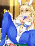  ahoge animal_ears artoria_pendragon_(all) artoria_pendragon_(lancer) bare_shoulders blonde_hair blue_legwear breasts bunny_ears bunny_girl bunnysuit caruta detached_collar dice fake_animal_ears fate/grand_order fate_(series) green_eyes hair_between_eyes high_heels highleg highleg_leotard highres holding_dice large_breasts leotard long_hair navel navel_cutout on_table pantyhose poker_chip ponytail sidelocks sitting smile spread_legs strapless strapless_leotard table very_long_hair white_footwear white_leotard wrist_cuffs 