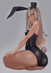  1girl absurdres animal_ears ass bare_shoulders black_neckwear brown_hair bunny_ears bunny_tail bunnysuit eyebrows_visible_through_hair grey_background hair_between_eyes highres long_hair neckwear original pantyhose parted_lips red_eyes see-through simple_background sitting smile solo tail uedrk_yamato 