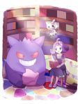  1girl :3 acerola_(pokemon) antenna_hair armlet artist_name bangs black_eyes book bookshelf chair collarbone cushion dress elite_four flat_chest floating flower full_body gen_1_pokemon gen_7_pokemon gengar grin hair_ornament hand_up happy holding indoors library looking_at_another mei_(maysroom) mimikyu open_book open_mouth pink_flower pokemon pokemon_(anime) pokemon_(creature) pokemon_sm_(anime) purple_dress purple_eyes purple_footwear purple_hair red_sclera sandals short_hair short_sleeves signature sitting smile teeth textless trial_captain 