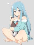  1girl aqua_(konosuba) bare_shoulders barefoot blue_eyes blue_hair bottle drunk foam grey_background grin indian_style kono_subarashii_sekai_ni_shukufuku_wo! long_hair low-tied_long_hair pajamas sake_bottle salpin sitting smile 