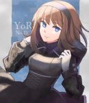  1girl blue_eyes bright_pupils brown_hair closed_mouth dress gloves hairband looking_at_viewer nier_(series) nier_automata upper_body white_gloves yorha yorha_type_s_no.21 