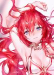  arm_up armpits bare_shoulders bikini blue_eyes godguard_brodia granblue_fantasy hair_between_eyes highres long_hair looking_at_viewer lying messy_hair michudx on_back red_hair swimsuit upper_body very_long_hair white_bikini 