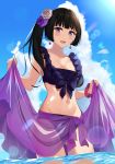  1girl :d alternate_hairstyle asato_(fadeless) bang_dream! bangs bikini black_hair blue_flower blue_rose blush breasts cleavage collarbone commentary_request day earrings flower frilled_bikini frills hair_flower hair_ornament highres jewelry looking_at_viewer navel open_mouth outdoors purple_eyes purple_sarong rose sarong sarong_lift shirokane_rinko side_ponytail sidelocks smile solo swimsuit wading white_flower white_rose 