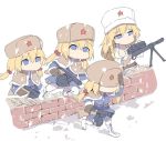  4girls blonde_hair blue_eyes brick_wall company_of_heroes dp28_(girls_frontline) fur_hat girls_frontline gun hat machine_gun multiple_girls no_mouth ppsh-41 ppsh-41_(girls_frontline) running silver_bell snow snowing soviet submachine_gun ushanka weapon 