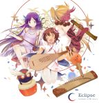  &gt;_&lt; 3girls ;d artist_name barefoot biwa_lute bow_(instrument) brown_hair bun_cover chinese_clothes crescent crescent_hair_ornament double_bun drum drumsticks dungeon_and_fighter erhu eyebrows ghost green_eyes hair_ornament hanfu highres instrument instrument_request jewelry jumping koto_(instrument) long_hair lute_(instrument) mouth_hold multiple_girls mythrain necklace one_eye_closed oni oni_horns open_mouth pipa_(instrument) pointy_ears ponytail purple_hair red_eyes red_skin ribbon-trimmed_sleeves ribbon_trim shakuhachi simple_background smile star star-shaped_pupils symbol-shaped_pupils tattoo very_long_hair white_background white_sleeves 