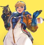  1girl apex_legends bangs blonde_hair blue_eyes blunt_bangs bodysuit breasts cropped_jacket eyebrows_visible_through_hair hand_up highres jacket large_breasts lichtenberg_figure long_sleeves looking_at_viewer ookuma_(nitroplus) open_clothes open_jacket open_mouth shiny shiny_hair short_hair simple_background smile solo standing thigh_strap wattson_(apex_legends) yellow_background zipper 