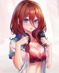  1girl artist_name bangs blue_eyes blush bra breasts brown_hair cleavage collarbone colored_eyelashes commentary english_commentary enmanuelart20 eyebrows_visible_through_hair go-toubun_no_hanayome hair_between_eyes hands_up headphones headphones_around_neck highres long_hair looking_at_viewer medium_breasts nakano_miku open_clothes open_shirt parted_lips pink_lips plaid plaid_bra red_bra see-through shirt short_sleeves solo stomach underwear upper_body white_shirt 