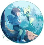  1boy antennae artist_name backpack bag belt blue_eyes brown_hair celebi eye_contact fairy_wings floating full_body gen_2_pokemon green_eyes green_pants hand_up hands_up happy holding jpeg_artifacts legendary_pokemon looking_at_another male_focus mei_(maysroom) notebook ookido_yukinari open_mouth outdoors pants pointing pokemon pokemon_(anime) pokemon_(creature) pokemon_m04 shirt shoes short_sleeves sideways_mouth signature sitting smile tree white_footwear white_shirt wings 