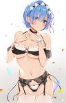  1girl absurdres bangs bare_shoulders blue_eyes blue_hair blush breasts cleavage close-up closed_mouth collarbone detached_sleeves eye_contact face frilled_sleeves frills garter_belt garter_straps gradient gradient_background groin hair_between_eyes hair_ornament hair_ribbon highres light_blush lips looking_at_another looking_at_viewer maid medium_breasts navel pink_ribbon portrait re:zero_kara_hajimeru_isekai_seikatsu rem_(re:zero) ribbon ribbon-trimmed_clothes ribbon_trim short_hair simple_background skindentation smile solo stomach thighhighs uiri-na white_legwear x_hair_ornament 