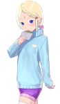  1girl blonde_hair blue_eyes blue_sweater braid casual cop_craft:_dragnet_mirage_reloaded eating facial_mark food forehead_mark highres long_hair long_sleeves pointy_ears ponytail purple_shorts shorts simple_background standing sweater thighhighs tilarna_exedilika ts-ix white_background white_legwear 