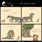  1:1 acaedus canid canine canis comic daww dragon duo feral hi_res hide_and_seek humor male mammal rimentus scalie size_difference tree walnut_(character) western_dragon wolf 