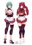  2girls animal_ears apron asymmetrical_legwear boots breasts cat_ears cleavage frills green_eyes green_hair highres jayceaua large_breasts long_hair maid maid_apron maid_headdress mechanical_eye medium_breasts multiple_girls red_eyes red_hair sei_asagiri short_hair stella_hoshii thighhighs underboob va-11_hall-a 