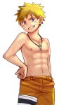  1boy abs blonde_hair blue_eyes facial_mark grin highres jewelry looking_at_viewer male_focus naruto naruto_(series) navel necklace ronba1125 shirtless simple_background smile solo uzumaki_naruto whisker_markings white_background 