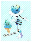  alternate-colored_non-shiny_pokemon artist_name blacephalon blue_background border brown_eyes chocolate_mint drooling english_text floating food full_body gen_5_pokemon happy ice_cream jpeg_artifacts mei_(maysroom) no_humans open_mouth pokemon pokemon_(creature) signature simple_background smile standing striped striped_background ultra_beast vanillish white_border 