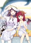  2girls :d ;d animal bag blurry blurry_foreground blush brown_wings collarbone commentary_request crescent crescent_hair_ornament curled_horns demon_girl demon_horns demon_wings depth_of_field dolphin dress earrings fang feet_out_of_frame fingernails floral_print gundou_mirei hair_ornament hand_on_lap hands_up hat heterochromia highres horns jewelry long_hair long_sleeves multiple_girls myusha nail_polish nijisanji one_eye_closed open_mouth pleated_skirt print_dress purple_hair purple_nails red_eyes red_hair shirt short_sleeves shoulder_bag signature sitting skirt smile sun_hat two_side_up very_long_hair virtual_youtuber white_dress white_headwear white_shirt white_skirt wings yuzuki_roa 