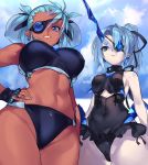  2girls alternate_costume bare_shoulders bikini black_bikini blue_eyes blue_hair blue_nails blush breasts casual_one-piece_swimsuit closed_mouth cloud cloudy_sky commentary_request covered_navel dark_skin day earrings eyepatch frilled_swimsuit frills from_below groin hand_on_hip highres horn jewelry long_hair looking_at_viewer looking_down medium_breasts mikumari_(xenoblade) multiple_girls nail_polish navel negresco one-piece_swimsuit one_eye_covered open_mouth outdoors pale_skin seori_(xenoblade) short_hair sideboob simple_background sky smile swimsuit twintails white_background xenoblade_(series) xenoblade_2 