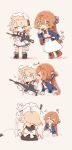  2girls assault_rifle blonde_hair blue_eyes brown_hair cheek_kiss chibi cleaning_gun closed_eyes closed_mouth commentary_request embarrassed g36_(girls_frontline) girls_frontline green_eyes gun h&amp;k_g36 highres kiss m1903_springfield_(girls_frontline) maid maid_headdress multiple_girls rifle shuzi smile surprise_kiss surprised weapon 
