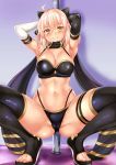  1girl absurdres ahoge armpits arms_behind_head arms_up ass_visible_through_thighs bangs bare_shoulders bikini black_bikini black_gloves black_legwear black_scarf blonde_hair blush bow breasts cleavage elbow_gloves fate/grand_order fate_(series) feet gloves grin hair_between_eyes hair_bow highres long_hair looking_at_viewer medium_breasts mismatched_gloves multi-strapped_bikini navel okita_souji_(fate)_(all) okita_souji_(swimsuit_assassin)_(fate) pole sandals scarf short_hair smile solo spread_legs squatting swimsuit thigh_strap thighhighs thighs uchida_shou yellow_eyes 