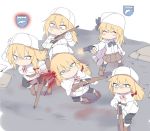  5girls blonde_hair blood blood_splatter blue_eyes bolt_action closed_eyes commissar company_of_heroes execution firing fur_hat girls_frontline gun hat headshot mosin-nagant mosin-nagant_(girls_frontline) multiple_girls nagant_m1895 nagant_revolver_(girls_frontline) rifle running scared siblings silver_bell sisters ushanka weapon 