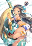  1girl armlet ass belly_chain black_hair blue_eyes blue_hair breasts character_request commentary_request dark_skin earrings from_behind gloves gym_leader hair_bun highres hoop_earrings jewelry long_hair looking_at_viewer multicolored_hair one_eye_closed poke_ball pokemon pokemon_(creature) pokemon_(game) pokemon_swsh rurina_(pokemon) shimesaba_kohada single_glove swimsuit tankini two-tone_hair 