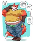  2019 absurd_res anthro belly big_belly blush bulge canid canine cellphone clothed clothing dialogue fox fur hi_res holding_cellphone holding_object male mammal mangolynx moobs obese obese_male open_mouth open_pants orange_fur overweight overweight_male phone smartphone solo speech_bubble standing thick_thighs torn_clothing white_fur worried 