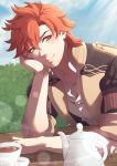  1boy cup fire_emblem fire_emblem:_three_houses leaf lilly0723euro male_focus orange_eyes orange_hair sky solo sparkle sylvain_jose_gautier teacup teapot upper_body 