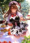  1girl bangs blush bow bowtie breasts brown_eyes brown_hair cake character_name day dress food fruit girl_cafe_gun hair_between_eyes hair_ornament hair_ribbon highres hitaki_yuu holding holding_tray irene_(girl_cafe_gun) large_breasts long_hair maid maid_headdress one_side_up outdoors puffy_short_sleeves puffy_sleeves red_neckwear ribbon short_sleeves sidelocks solo strawberry thighhighs tray tree watermark white_legwear wrist_cuffs x_hair_ornament 