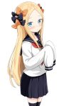  1girl abigail_williams_(fate/grand_order) aikawa_ryou bangs black_bow black_skirt blonde_hair blue_eyes blush bow closed_mouth fate/grand_order fate_(series) forehead hair_bow highres long_hair long_sleeves looking_at_viewer neckerchief orange_bow parted_bangs pleated_skirt polka_dot polka_dot_bow red_neckwear sailor_collar school_uniform serafuku shirt simple_background skirt sleeves_past_fingers sleeves_past_wrists smile solo thighhighs white_background white_shirt 