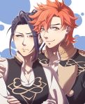  2boys black_hair blush crossed_arms felix_hugo_fraldarius fire_emblem fire_emblem:_three_houses hair_bun lilly0723euro male_focus multiple_boys orange_eyes orange_hair sylvain_jose_gautier upper_body white_background yaoi 