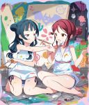  2girls :d alternate_hairstyle bangs barefoot bikini bikini_under_clothes blue_bikini_bottom blush bucket canvas_(object) collarbone commentary_request dress face_painting hair_bobbles hair_bun hair_ornament hair_scrunchie hair_up hairclip highres love_live! love_live!_sunshine!! low_twintails multiple_girls newspaper open_mouth paint_on_body paint_on_face paint_stains paint_tube paintbrush palette pink_scrunchie purple_eyes rassie_s red_hair sakurauchi_riko scrunchie seiza shirt shirt_removed side-tie_bikini side_bun sidelocks sitting sleeveless sleeveless_dress sleeveless_shirt smile striped_bikini_bottom sweatdrop swimsuit tsushima_yoshiko twintails v-shaped_eyebrows white_dress white_shirt yellow_eyes 