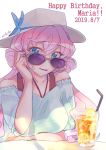  2019 adjusting_eyewear alternate_costume bare_shoulders bendy_straw blue_eyes dated drill_hair drinking_straw hair_between_eyes happy_birthday hat ice ice_cube looking_at_viewer maria_cadenzavna_eve mishido_sun open_mouth pink_hair senki_zesshou_symphogear sunglasses swimsuit swimsuit_under_clothes white_background 