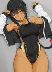  1girl arms_up ass_visible_through_thighs black_hair black_swimsuit blue_eyes breasts collarbone commentary_request competition_swimsuit covered_navel cowboy_shot dark_skin hair_between_eyes highleg highleg_swimsuit highres jacket large_breasts looking_at_viewer lying medium_breasts one-piece_swimsuit open_clothes open_jacket original shadow short_hair_with_long_locks sidelocks solo swimsuit thigh_gap white_jacket yuzu_lemon 