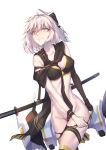  1girl absurdres ahoge bare_shoulders bikini black_bikini black_bow black_gloves black_legwear black_scarf blush bow breasts cleavage dabingdan eyebrows_visible_through_hair fate/grand_order fate_(series) gloves grey_hair hair_between_eyes hair_bow highres katana medium_breasts okita_souji_(fate)_(all) okita_souji_(swimsuit_assassin)_(fate) scarf sheath sheathed short_hair simple_background single_glove solo swimsuit sword tearing_up thighhighs torn_clothes weapon white_background 