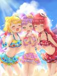  3girls :3 :d ^_^ bangle bangs beach bikini bikini_skirt blonde_hair blue_bikini blunt_bangs bracelet closed_eyes commentary_request day double_bun food green_eyes grin half-closed_eyes halterneck hat highres holding holding_food houjou_sophie ice_cream ice_cream_cone idol_time_pripara jewelry long_hair manaka_lala minami_mirei mini_hat multiple_girls navel open_mouth outdoors pink_background popsicle pretty_(series) pripara purple_hair red_bikini red_hair seashell shell smile starfish swimsuit tatsuyoshi_(zawahomura) twintails very_long_hair watermelon_bar wet 