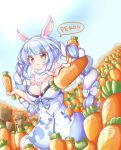  1girl :3 animal_ear_fluff animal_ears blue_hair blue_sky blush bow box braid breasts bunny_ears bunny_girl buttons carrot catchphrase cleavage closed_mouth eyebrows eyebrows_visible_through_hair giving hair_bow highres holding hololive kanami9731 long_braid looking_at_viewer medium_breasts multicolored_hair no_gloves outdoors pocket red_eyes scarf sky solo speech_bubble twin_braids two-tone_hair usada_pekora virtual_youtuber white_hair 