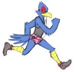  2016 anthro avian beak bird black_clothing black_footwear black_shirt black_shoes black_topwear bodily_fluids bottomwear clothing falco_lombardi flat_colors footwear male nintendo pants pink_bottomwear pink_clothing pink_pants portable_music_player running running_shoes shirt shorts side_view simple_background sketch sneakers solo star_fox sweat tank_top thegreatmatsutzu tight_clothing topwear video_games white_background 