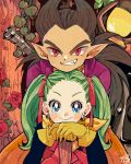  1boy 1girl black_hair blue_eyes bow closed_mouth cowboy_shot dragon_quest dragon_quest_builders_2 earrings female_builder_(dqb2) flower gloves green_hair grin hair_bow hoop_earrings jewelry long_hair looking_at_viewer orange_pants plant pointy_ears purple_shirt red_bow red_eyes red_flower red_gloves red_ribbon red_rose ribbon rose scarf seriel_(summertosuika) shirt sidoh_(dqb2) smile spiked_hair teeth twintails vines yellow_gloves yellow_scarf 