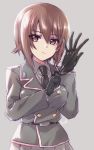  1girl artist_name bangs belt black_belt black_gloves black_jacket black_neckwear brown_eyes brown_hair closed_mouth commentary dress_shirt eyebrows_visible_through_hair girls_und_panzer glove_pull gloves grey_background grey_shirt grey_skirt highres jacket kuroi_mimei light_smile looking_at_viewer military military_uniform necktie niedersachsen_military_uniform nishizumi_maho pleated_skirt shirt short_hair signature simple_background skirt solo standing uniform upper_body wing_collar 