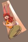  2019 anthro bottomwear breasts butt clothing female green_eyes hair hi_res lagomorph leporid long_ears mammal open_mouth pants rabbit red_hair shirt simple_background solo tgwonder tongue tongue_out topwear 