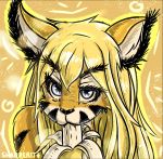  anthro blonde_hair felid feline female food hair hi_res line_art mammal pantherine sady sharperit solo suggestive suggestive_food tiger 