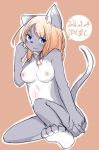  2016 anthro barefoot blue_eyes blush breasts domestic_cat feet felid feline felis female fur hair japanese_text kemono looking_at_viewer mammal nipples nude peruri simple_background solo text 