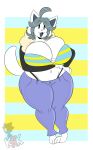  2019 anthro barefoot big_breasts black_eyes bottomwear breasts clothed clothing felid feline female fur grey_hair hair hi_res huge_breasts jacket jeans kingretrokirby mammal navel open_mouth pants solo temmie_(undertale) thick_thighs thong topwear undertale video_games white_fur wide_hips 