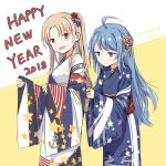  2girls :d ahoge alternate_costume azur_lane cleveland_(azur_lane) cnm floral_print happy_new_year helena_(azur_lane) japanese_clothes kimono long_hair multiple_girls new_year open_mouth print_kimono smile 