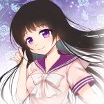  1girl bangs black_hair character_request commentary_request copyright_request floral_background long_hair looking_at_viewer neck_ribbon ousawa_kanata playing_with_own_hair purple_eyes purple_sailor_collar ribbon sailor_collar school_uniform serafuku short_sleeves smile solo sparkle star upper_body white_neckwear 